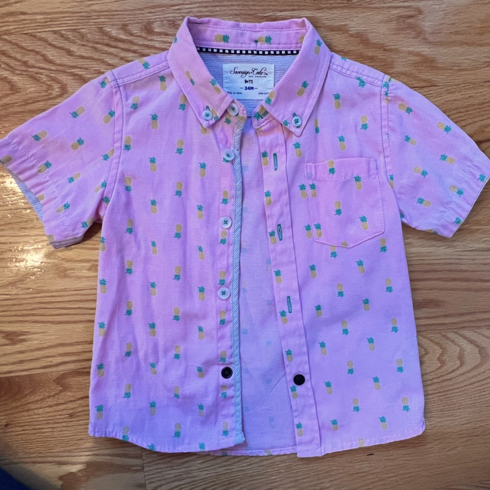 Sovereign Code 24 months short sleeve pink shirt with yellow pineapple print.